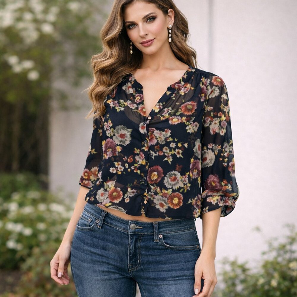 FOREVER 21 Womens Multicolor Button Up Floral Tie-Front Short Sleeve Shirt Small